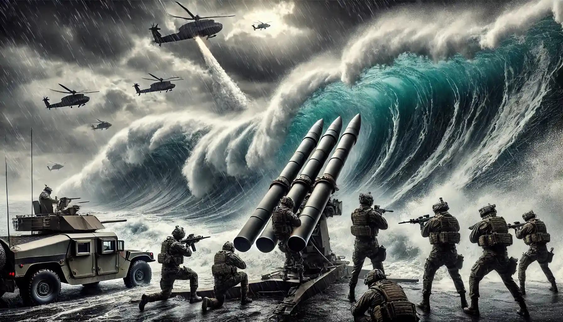 Contrasting visual of climate technology and defense technology, highlighting the importance of climate solutions